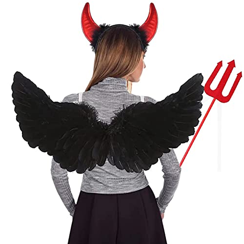 BARVERE Black Wings, Fallen Evil Angel Set, Engel Teufel Deko für Halloween Mottoparty Teufel Deko Set mit schwarzer Aura, Diablo, Wings with Feathers