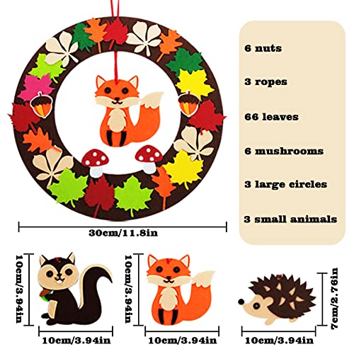 BARVERE Juego de manualidades de fieltro, 6 piezas de coronas con ardilla, zorro, erizo decorativo y 3 guirnaldas de hojas de arce, decoración de otoño y Navidad, juego de manualidades de fieltro para