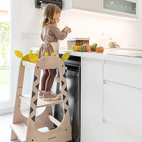 Beeloom - Torre de aprendizaje Montessori de madera, GIRAFFE TOWER, taburete de actividades para niños amarillo, con escalones de 3 niveles de altura regulable