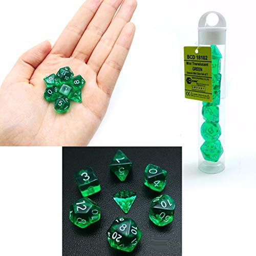 Bescon Mini Translucent Polyhedral RPG Dice Set 10MM, Small RPG Role Playing Game Dice Set D4-D20 in Tube, Transparent Green