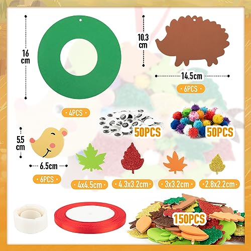 BETESSIN 268pcs Manualidades Niños de Erizo Otoño Hoja de Arce, Kit Corona Otoño Fieltro, Pegatina Adhesiva Espuma de Hojas Arce Erizo, con Cinta/Decoración Ojo/Bola, Guirnalda de Papel