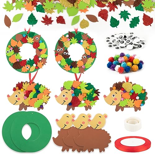 BETESSIN 268pcs Manualidades Niños de Erizo Otoño Hoja de Arce, Kit Corona Otoño Fieltro, Pegatina Adhesiva Espuma de Hojas Arce Erizo, con Cinta/Decoración Ojo/Bola, Guirnalda de Papel