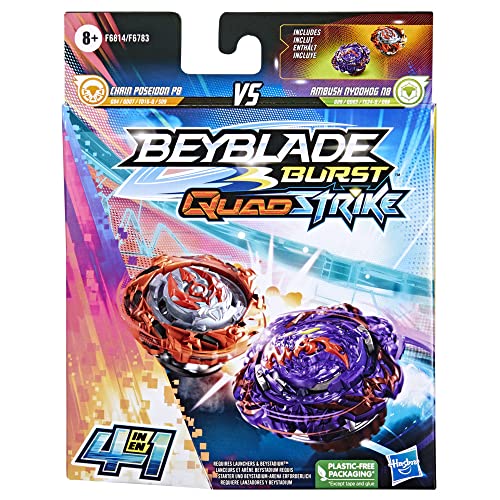 Beyblade Burst QuadStrike Dual Pack de 2 peonzas de competición Ambush Nyddhog N8 y Chain Poseidon P8