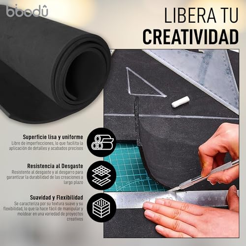 BIBODU Pack 2 Rollos Goma Eva Negra 5mm grosor | Tamaño 150 cm x 32cm, Densidad 80 kg/m3 | Goma Eva Color Negro para Manualidades DIY, Disfraces Cosplay, Halloween | Apto Niños y Niñas