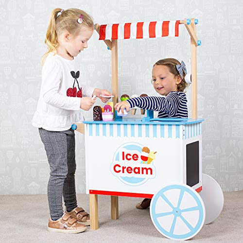 Bigjigs Toys Wooden Ice Cream Cart Toy - 18x Pieces of Ice Cream & Ice Lolly Toy Food with Spoons & Ice Cream Scoop , Quality Kids Ice Cream Cart