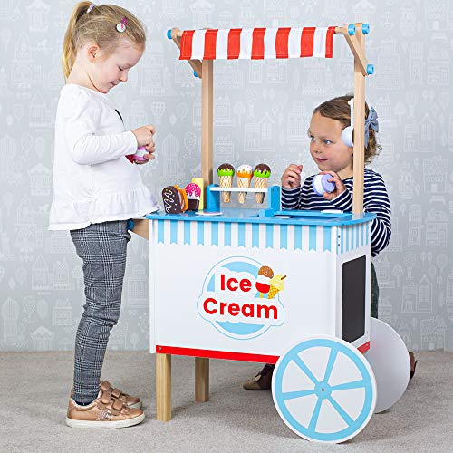 Bigjigs Toys Wooden Ice Cream Cart Toy - 18x Pieces of Ice Cream & Ice Lolly Toy Food with Spoons & Ice Cream Scoop , Quality Kids Ice Cream Cart