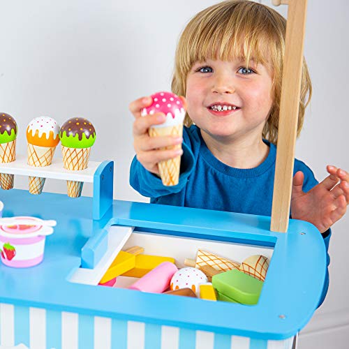 Bigjigs Toys Wooden Ice Cream Cart Toy - 18x Pieces of Ice Cream & Ice Lolly Toy Food with Spoons & Ice Cream Scoop , Quality Kids Ice Cream Cart