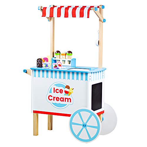 Bigjigs Toys Wooden Ice Cream Cart Toy - 18x Pieces of Ice Cream & Ice Lolly Toy Food with Spoons & Ice Cream Scoop , Quality Kids Ice Cream Cart