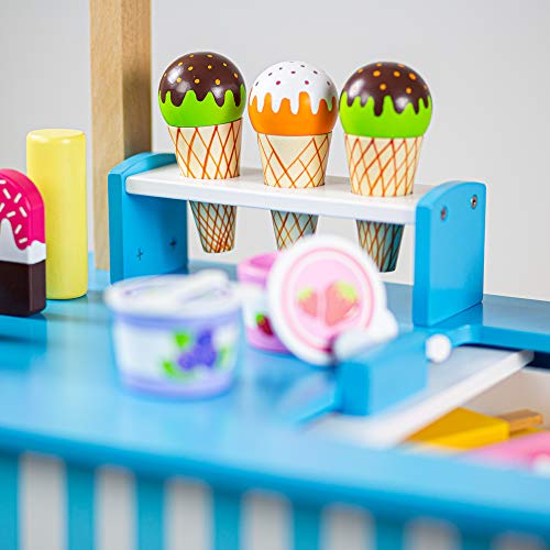 Bigjigs Toys Wooden Ice Cream Cart Toy - 18x Pieces of Ice Cream & Ice Lolly Toy Food with Spoons & Ice Cream Scoop , Quality Kids Ice Cream Cart