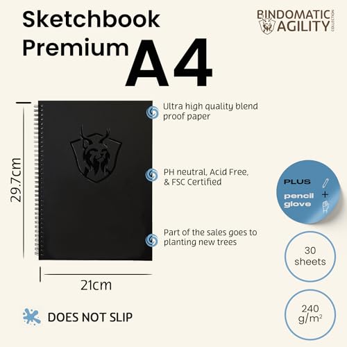 Bindomatic Agility Collection Sketchbook Premium DIN A4, libro para colorear cuaderno de dibujo bloc de bocetos papel 240g para rotuladores pinturas acrílicas Carboncillo y Tinta 30 hojas