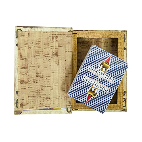 Biscottini Caja para cartas de juego de madera 15 x 11 x 3 cm | Caja de cartas revestida de tela y antigua | Caja con baraja de cartas