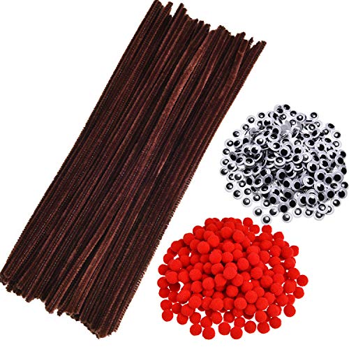 Boao 750 Kit Tallos Chenilla Limpiapipas, Incluye 150 Piezas Tallos Chenilla Limpiapipas Marrones, 200 Piezas Rojos Pompones y 400 Piezas Menea Ojos Saltones para Navidad DIY Fabricación Manualidades