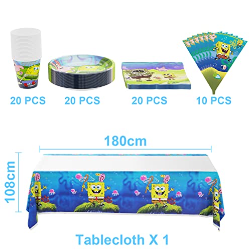 Bob Esponja Vajilla de Fiesta 71Pcs,Vajilla de Cumpleaños Bob Esponja,Suministros de Fiesta,Bob Esponja Cumpleaños Decoración,Bandera,Plato,Servilleta de Papel,Taza,Mantel,Niños Fiesta Decoración