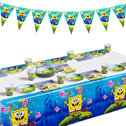 Bob Esponja Vajilla de Fiesta 71Pcs,Vajilla de Cumpleaños Bob Esponja,Suministros de Fiesta,Bob Esponja Cumpleaños Decoración,Bandera,Plato,Servilleta de Papel,Taza,Mantel,Niños Fiesta Decoración