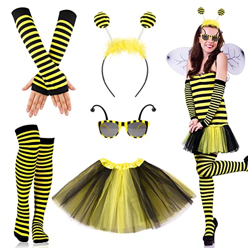 BOFUNX 5pcs Traje Disfraz de Abeja Falda+Diadema Antena Abeja+Guantes+Calcetines+Gafas Set de Accesorios Decoración de Fiesta Disfraces Cosplay Celebración Carnaval Halloween para Niñas Mujeres