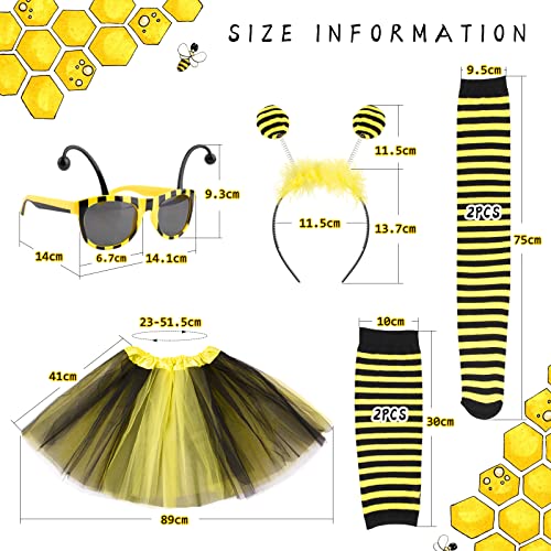 BOFUNX 5pcs Traje Disfraz de Abeja Falda+Diadema Antena Abeja+Guantes+Calcetines+Gafas Set de Accesorios Decoración de Fiesta Disfraces Cosplay Celebración Carnaval Halloween para Niñas Mujeres