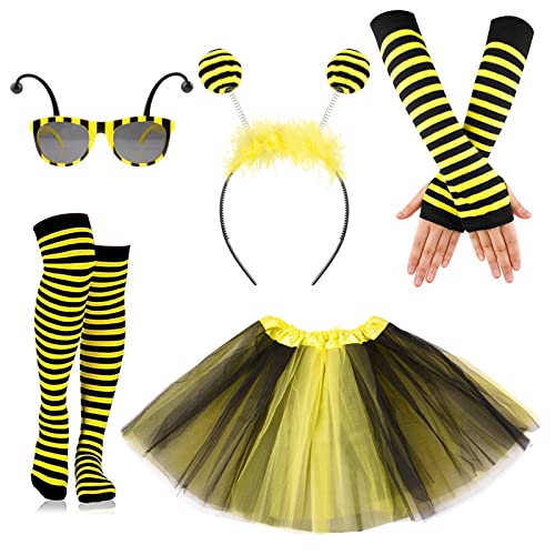 BOFUNX 5pcs Traje Disfraz de Abeja Falda+Diadema Antena Abeja+Guantes+Calcetines+Gafas Set de Accesorios Decoración de Fiesta Disfraces Cosplay Celebración Carnaval Halloween para Niñas Mujeres