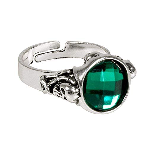 Boland 74129-Anillo pirata de plata adulto, bisutería, anillo de dedo con piedra y calaveras, Carnaval Fiesta, color plateado/verde, talla única (74129)