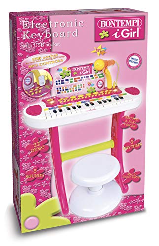 Bontempi 31 Key Elec. Teclado I Girl with MICR. Patas y Taburete + Enchufe USB para Unidad Flash, Multicolor, Large (I Com S.p.A. Bontempi133672)