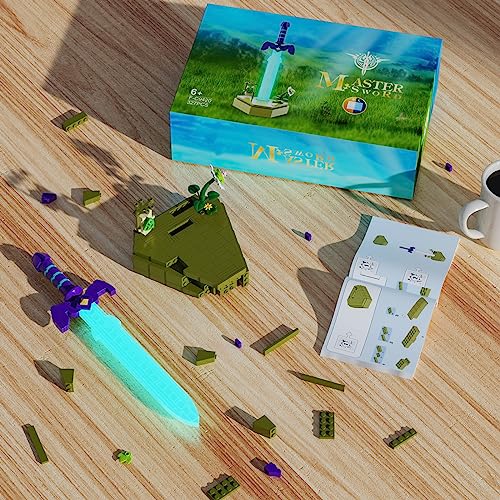 Brillan en la oscuridad Master Sword Building Block, modelo de espada legendaria Hyrule con base, adorno único de BOTW Tears of the Kingdom Juguetes Regalos para niños y niñas (379 unidades)