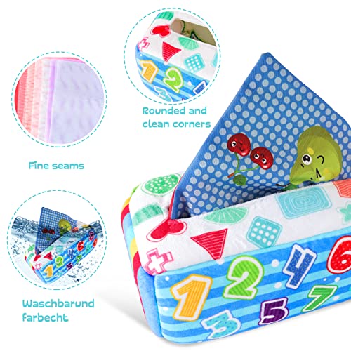 Bubuny Caja de pañuelos para bebé, Montessori, juguete sensorial para bebé, con funciones cautivadoras, tirar, clasificar, arrugar, colores y patrones, regalo a partir de 6 meses, 1 2 3 años