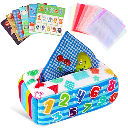 Bubuny Caja de pañuelos para bebé, Montessori, juguete sensorial para bebé, con funciones cautivadoras, tirar, clasificar, arrugar, colores y patrones, regalo a partir de 6 meses, 1 2 3 años