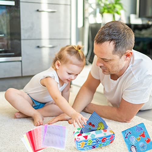 Bubuny Caja de pañuelos para bebé, Montessori, juguete sensorial para bebé, con funciones cautivadoras, tirar, clasificar, arrugar, colores y patrones, regalo a partir de 6 meses, 1 2 3 años