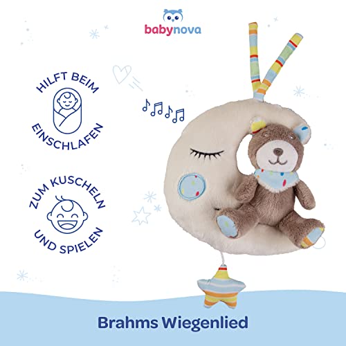 Caja de música Baby-Nova luna con osito de peluche bebe 0 meses, ayuda para dormir bebés, caja de música con nana de Brahms - ayuda para dormir para colgar y dar cuerda - regalo de nacimiento