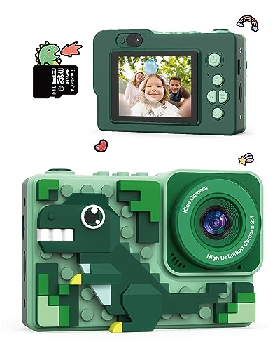 Cámara para niños, Nuevas cámaras de Bloques de construcción con temática de Dinosaurios Dibujados Animados, cumpleaños para niños y niñas de 3+ años, Incluye Tarjeta SD de 32GB.