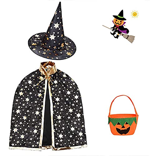 Capa del mago para Halloween, capa de bruja con sombrero, bolsa de caramelos, disfraces de Halloween, disfraz de cosplay para capa infantil, Halloween Costume Props for Kids Cosplay Party, Negro