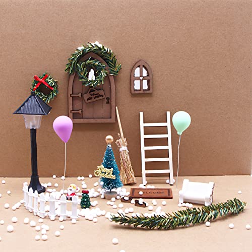 Casa de Muñecas Navideña Miniatura,Puerta de Elfo Navideño,Navideños Miniatura Puerta de Elfo,Juego de Accesorios Jardín en Miniatura,Conjunto Árbol de Navidad Adornos,Zapatos, Escoba,Felpudo