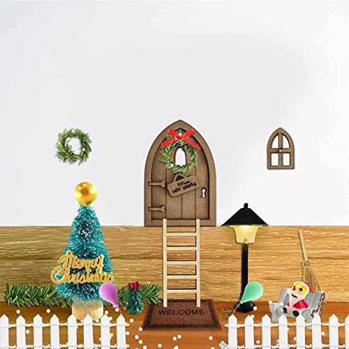 Casa de Muñecas Navideña Miniatura,Puerta de Elfo Navideño,Navideños Miniatura Puerta de Elfo,Juego de Accesorios Jardín en Miniatura,Conjunto Árbol de Navidad Adornos,Zapatos, Escoba,Felpudo