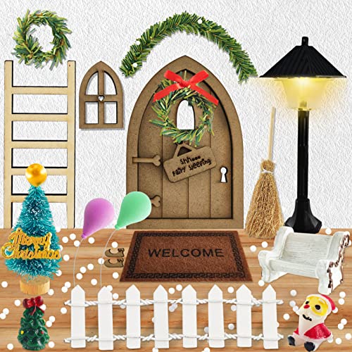 Casa de Muñecas Navideña Miniatura,Puerta de Elfo Navideño,Navideños Miniatura Puerta de Elfo,Juego de Accesorios Jardín en Miniatura,Conjunto Árbol de Navidad Adornos,Zapatos, Escoba,Felpudo