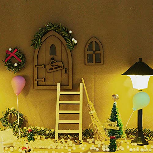 Casa de Muñecas Navideña Miniatura,Puerta de Elfo Navideño,Navideños Miniatura Puerta de Elfo,Juego de Accesorios Jardín en Miniatura,Conjunto Árbol de Navidad Adornos,Zapatos, Escoba,Felpudo