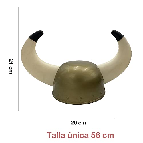 Casco Vikingo con Dos Cuernos de Plástica, Accesorios para Disfraces de Medieval. Talla única (LPQ-119-ORO)