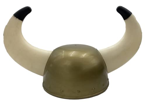 Casco Vikingo con Dos Cuernos de Plástica, Accesorios para Disfraces de Medieval. Talla única (LPQ-119-ORO)