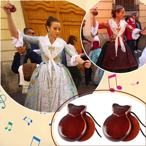 Castanets de Madera, castas de castaño Hechas a Mano españolas, castas de percusión de Manos Tradicionales, Instrumentos educativos de percusión Musical Tablero de aplausos de Ritmo con Cuerdas para