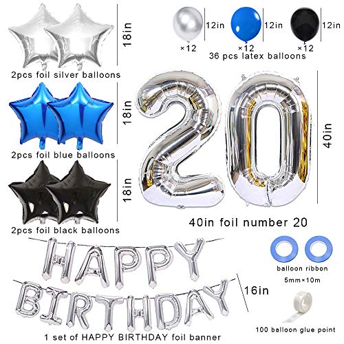 Ceqiny Juego globos para decoración 20 cumpleaños feliz globos plateados número 20 globos látex azules azul negro plateado con forma corazón 20 suministros para fiestas cumpleaños para niños y niñas