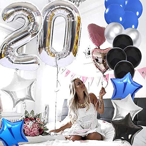 Ceqiny Juego globos para decoración 20 cumpleaños feliz globos plateados número 20 globos látex azules azul negro plateado con forma corazón 20 suministros para fiestas cumpleaños para niños y niñas