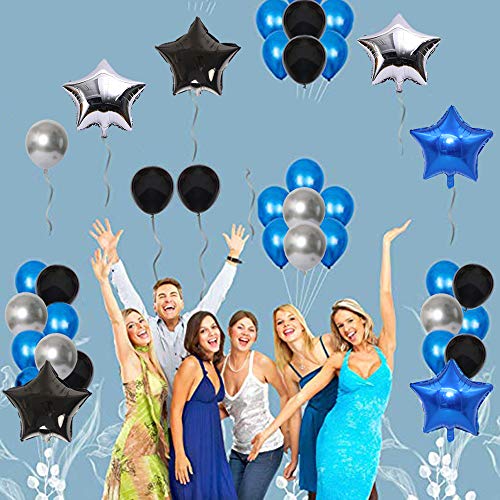 Ceqiny Juego globos para decoración 20 cumpleaños feliz globos plateados número 20 globos látex azules azul negro plateado con forma corazón 20 suministros para fiestas cumpleaños para niños y niñas