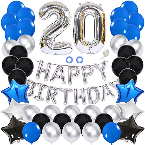 Ceqiny Juego globos para decoración 20 cumpleaños feliz globos plateados número 20 globos látex azules azul negro plateado con forma corazón 20 suministros para fiestas cumpleaños para niños y niñas