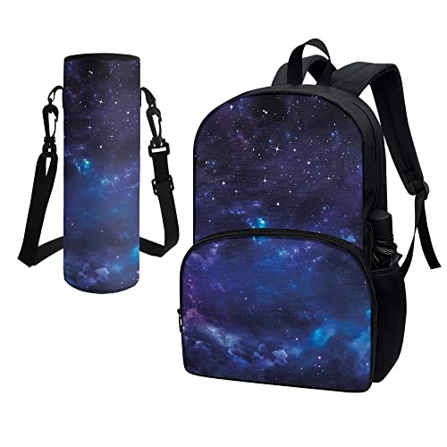 chaqlin Juego de 2 bolsas escolares de animales para niños pequeños, mochila grande con funda de neopreno para botella, Noche de galaxia, Talla única, Juego de mochila escolar