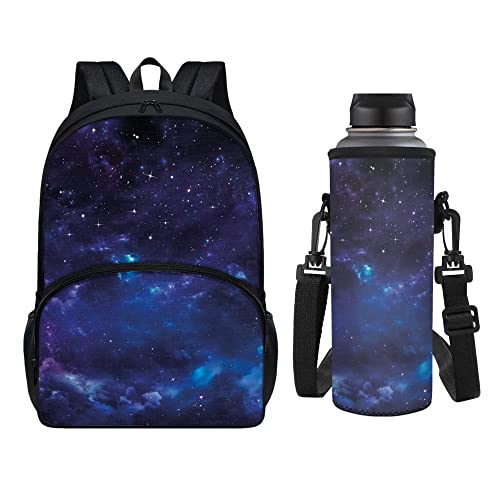 chaqlin Juego de 2 bolsas escolares de animales para niños pequeños, mochila grande con funda de neopreno para botella, Noche de galaxia, Talla única, Juego de mochila escolar