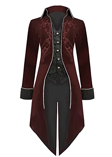 Chaqueta steampunk para hombre medieval, abrigo gótico, disfraz de carnaval, renacentista, retro, victoriano, bordado, Halloween, pirata, vampiro, cosplay para hombres (rojo, 2XL)