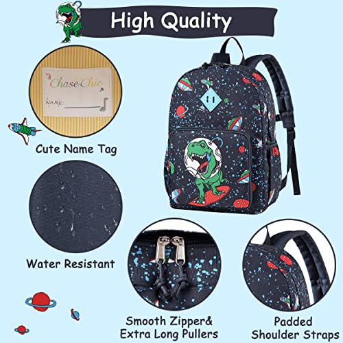 Chase Chic Mochila Escolar Niño Dinosaurio, Impermeable Mochilas Infantil con Bolsillos Laterales/Hebilla en el Pecho y Etiqueta para El nombre, Bolsa de Merienda de Picnic