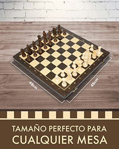 ChessEbook Juego de Ajedrez - Tablero de Ajedrez de Madera 48 x 48 cm, Juego de Tablero Ajedrez Plegable - Juego de ajedrez con Tablero de Madera y Piezas Hechas a Mano