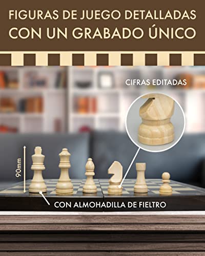 ChessEbook Juego de Ajedrez - Tablero de Ajedrez de Madera 48 x 48 cm, Juego de Tablero Ajedrez Plegable - Juego de ajedrez con Tablero de Madera y Piezas Hechas a Mano