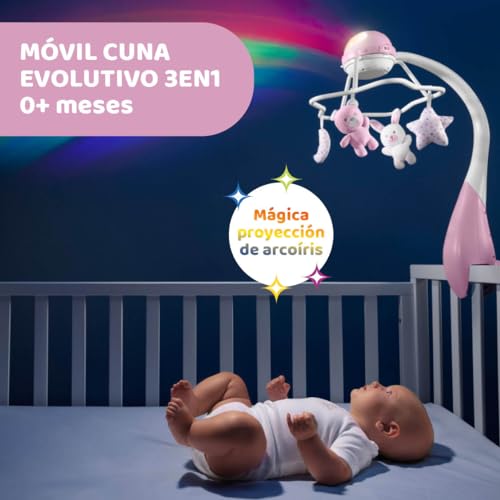 Chicco Carrusel Evolutivo Arco Iris 3en1, Móvil de Cunas y Moisés, 3 Configuraciones, Proyección de Arco Iris, Sonidos de la Naturaleza, Compatible Next2Me, Mando a Distancia, 0 Meses, Rosa