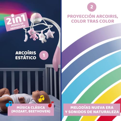 Chicco Carrusel Evolutivo Arco Iris 3en1, Móvil de Cunas y Moisés, 3 Configuraciones, Proyección de Arco Iris, Sonidos de la Naturaleza, Compatible Next2Me, Mando a Distancia, 0 Meses, Rosa