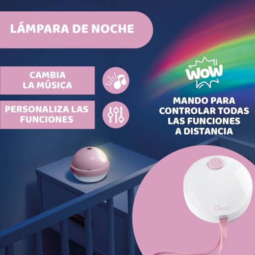 Chicco Carrusel Evolutivo Arco Iris 3en1, Móvil de Cunas y Moisés, 3 Configuraciones, Proyección de Arco Iris, Sonidos de la Naturaleza, Compatible Next2Me, Mando a Distancia, 0 Meses, Rosa